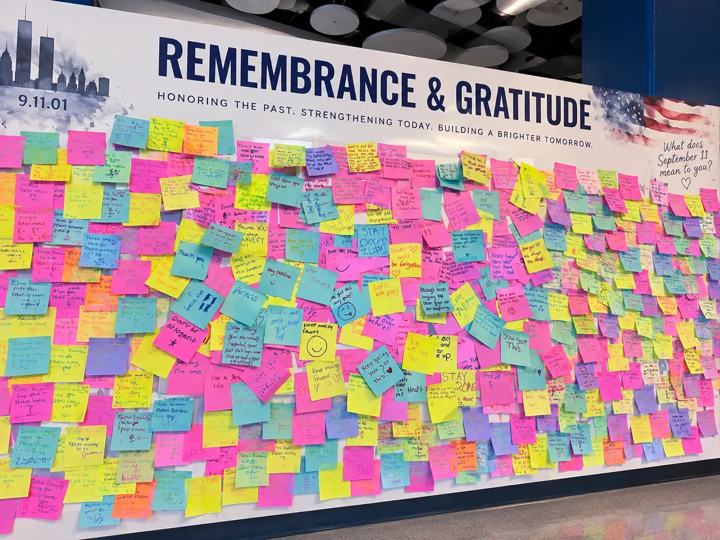 The Wall of Remembrance & Gratitude covered in student reflections