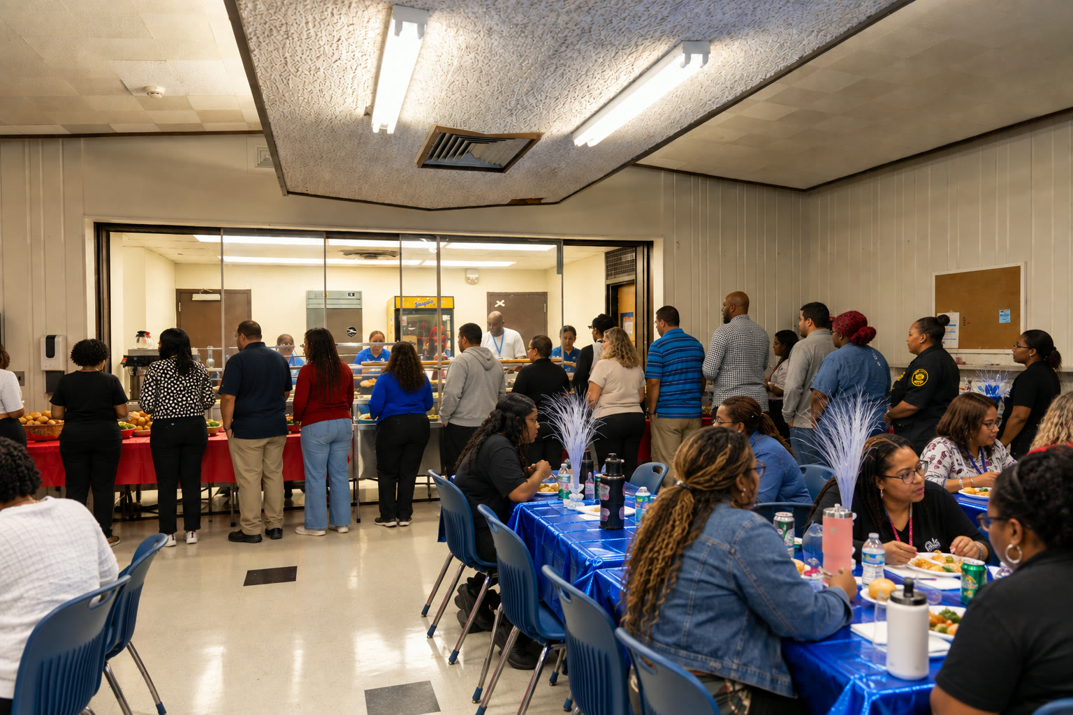 Teachers and staff seated at long tables for the Hempstead High School Lunch & Learn, with the serving line behind them