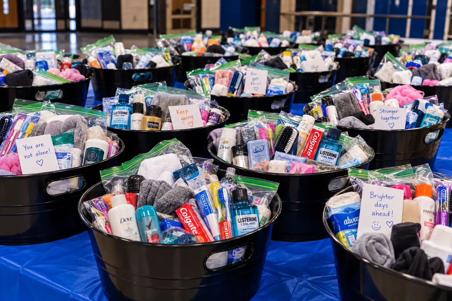 Care packages assembled by students and left at Hempstead High School